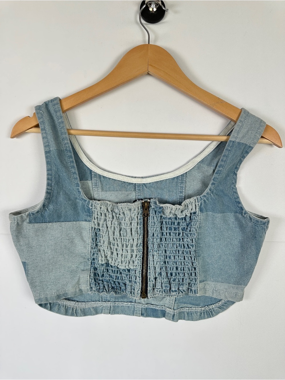 Nuon Patchwork Denim Crop Top Light Wash Cotton Size M Y2K Festival Corset Style - Picture 4 of 8